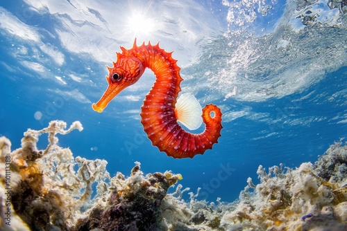 A red seahorse swimming in the clear blue sea photo