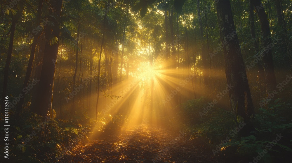Fototapeta premium A serene forest scene illuminated by sun rays filtering through the trees, creating a tranquil and ethereal atmosphere.