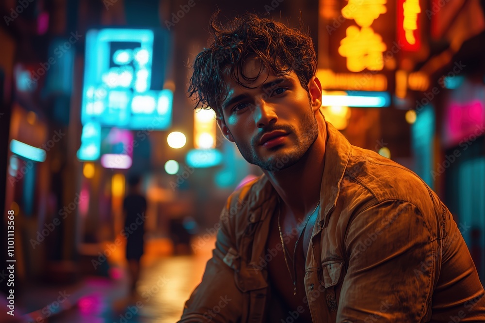 Fototapeta premium Man in a leather jacket posing under vibrant neon lights in an urban alley