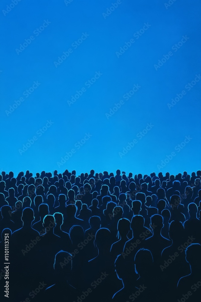 Obraz premium A colorful group of diverse silhouettes stands out against a bright blue backdrop, conveying unity and togetherness, expertly captured in a vertical format that highlights their connection