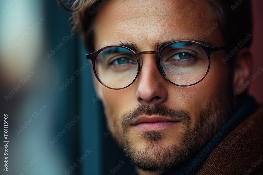 Close-up portrait of a man with glasses and a confident gaze Close-up portrait of a man with glasses and a confident gaze