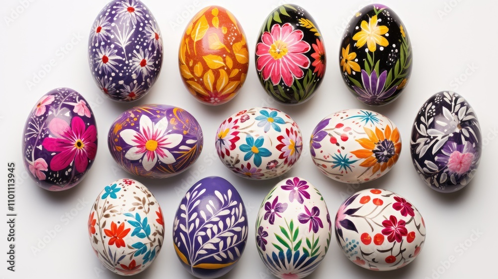 Vibrant hand painted Easter eggs collection with floral designs on a white background perfect for mockup templates and artwork inspiration. Vibrant hand painted Easter eggs collection with floral designs on a white background perfect for mockup templates and artwork inspiration.