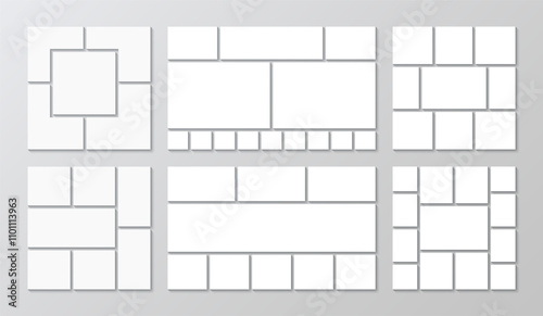 Mosaic pictures collection. Geometric frames collage template. Mood board grid. Set of photo moodboard layout. Album brandboard. Gallery banner. Organised portfolio. Vector illustration