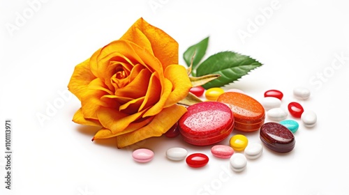 Cough sore throat pastilles beside a vibrant yellow rose against a clean white background for health and wellness concepts photo