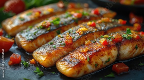 Golden fried fish fillets garnished with fresh herbs and vegetables on a dark stone background culinary presentation and delicious meal concept photo