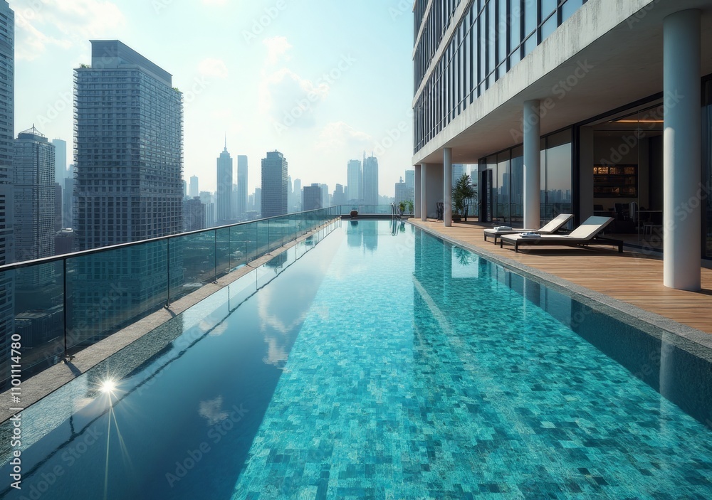 Obraz premium Modern rooftop swimming pool with skyline view in a bustling city at sunset