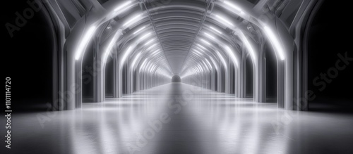 Steel structure of modern skywalk illuminated in futuristic architecture with clean lines and minimalist design in urban environment. photo