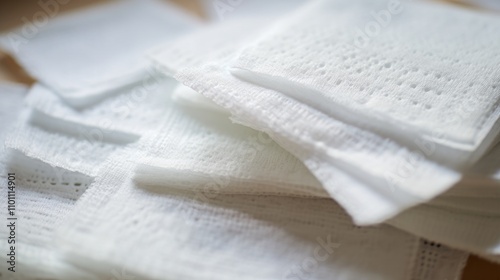 Close up of non sterile gauze pads stacked on a surface showing texture and material for healthcare and medical supplies concept photo