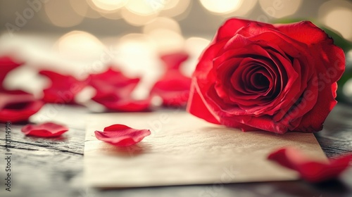 Romantic letter with red rose and petals on wooden surface for love confession or anniversary celebration photo