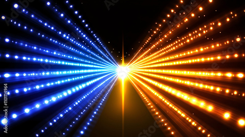 A vibrant display of blue and orange light beams converging, creating a dynamic and energetic visual effect against a dark background.