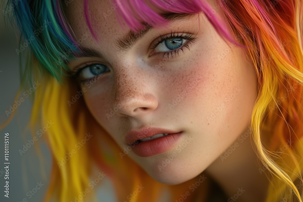Artistic Close-Up of a Woman with Freckles and Rainbow-Colored Hair Artistic Close-Up of a Woman with Freckles and Rainbow-Colored Hair