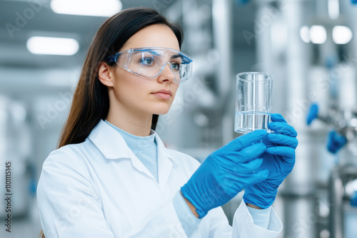 Water Quality Analyst, woman in lab testing water sample for purity, equipped with scientific tools, focused on ensuring safe drinking water.