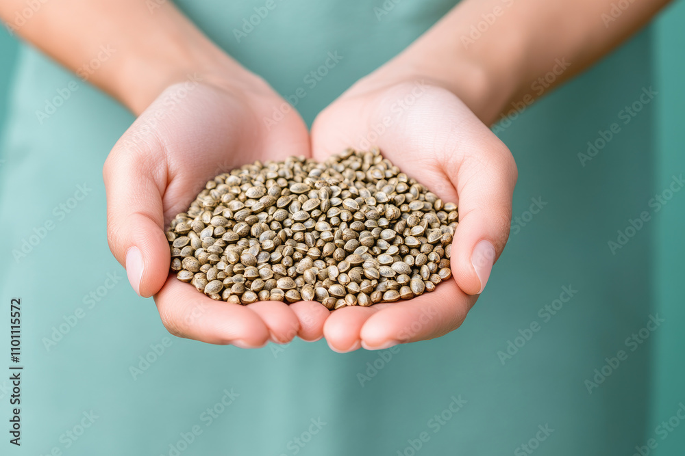 Hemp Seed Nurturer, a closeup of a young woman?s hands cradling hemp seeds, emphasizing growth, sustainability, and natural beauty. Hemp Seed Nurturer, a closeup of a young woman?s hands cradling hemp seeds, emphasizing growth, sustainability, and natural beauty.