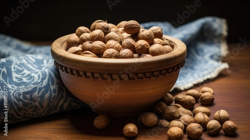 Wooden bowl overflowing with hazelnuts arranged on a rustic table with a decorative cloth in the background showcasing natural textures. photo