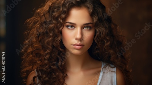 Stunning portrait of a young woman with voluminous curly brown hair looking confidently at the camera in an artistic setting.