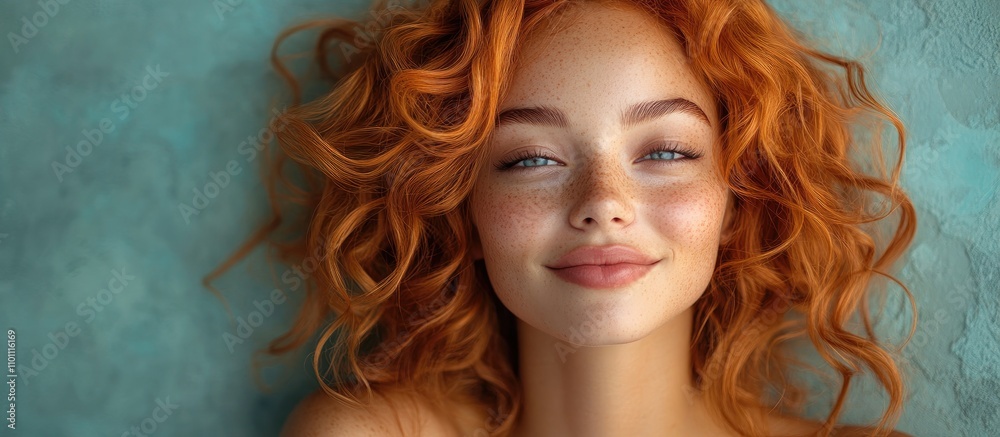 Fototapeta premium Alternative model with vibrant orange hair smiling softly against a soothing textured backdrop showcasing natural beauty and confidence.