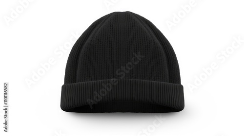 Black knitted docker hat isolated on white fashionable accessory for urban style and casual wear photo