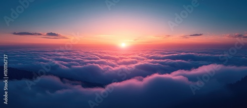 Serene sunrise illuminating misty clouds over a tranquil sea in a mountainous national park at dawn photo