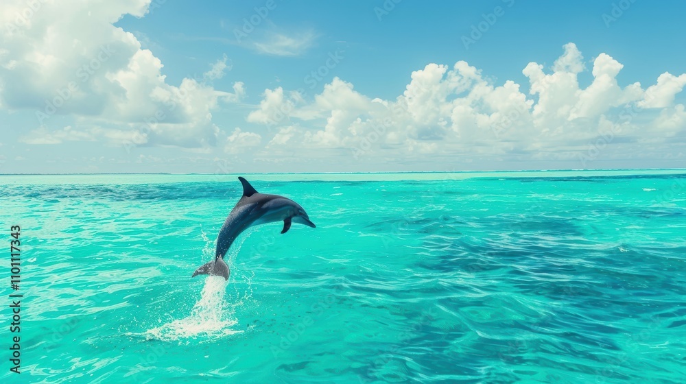 Fototapeta premium Dolphin Jumping Above Bright Turquoise Ocean Under Blue Sky