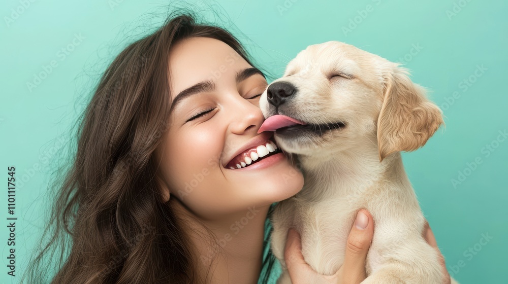 Joyful Moment Between Woman and Cute Puppy on Teal Background Joyful Moment Between Woman and Cute Puppy on Teal Background