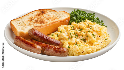 A breakfast platter with scrambled eggs, sausage, and toast.