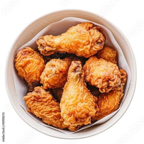 A bucket of fried chicken with crispy golden pieces.