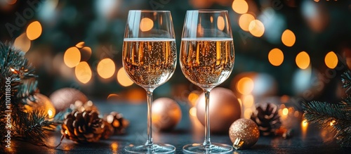 Celebratory toast with champagne glasses amid festive lights and greenery for New Year or holiday celebrations photo