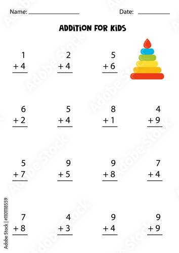 Addition with cute toy pyramid. Educational math game for kids.