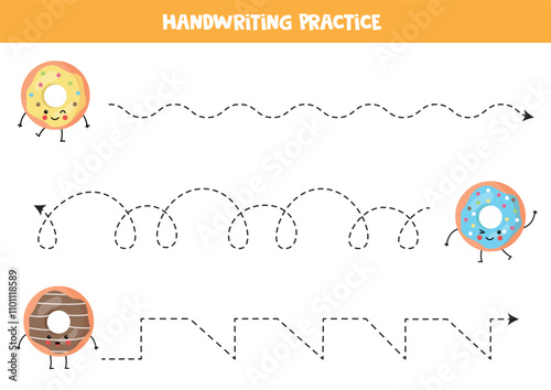Tracing lines for kids. Cute cartoon kawaii donuts. Handwriting practice for children.