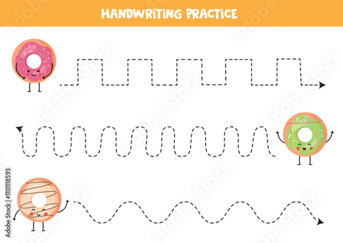 Tracing lines for kids. Cute cartoon kawaii donuts. Handwriting practice for children.