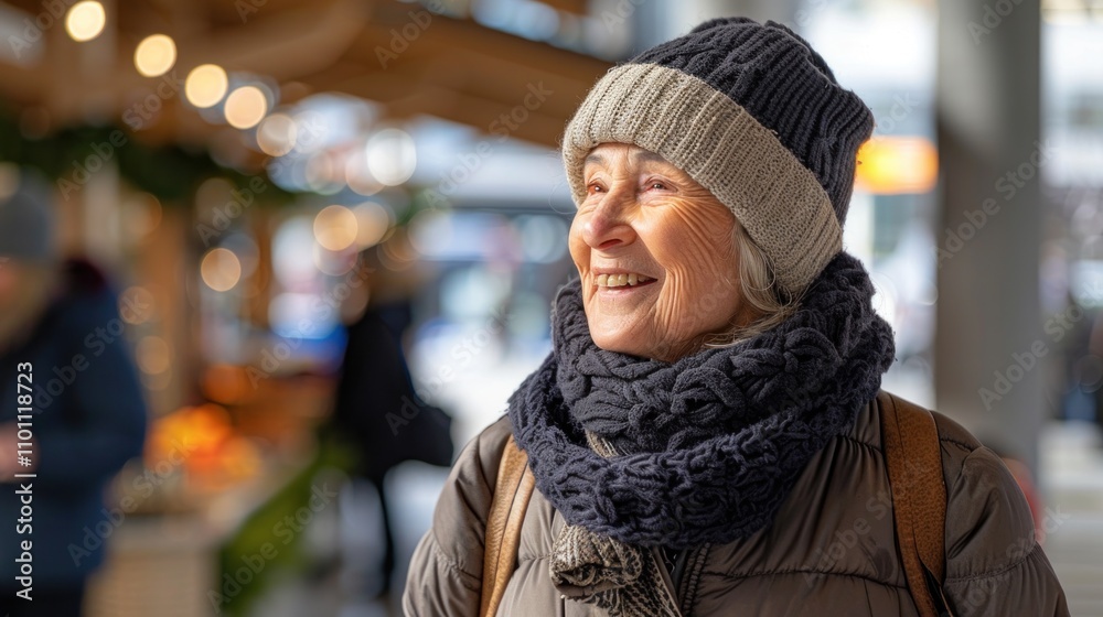 A woman with gray hair smiles warmly while exploring a winter market, dressed in a cozy knit hat and scarf amidst festive surroundings A woman with gray hair smiles warmly while exploring a winter market, dressed in a cozy knit hat and scarf amidst festive surroundings