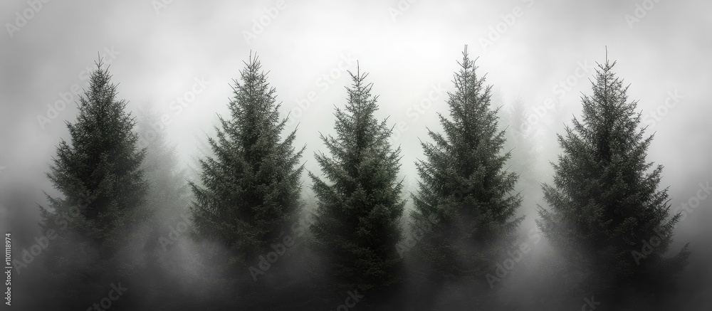 Fototapeta premium Mystical forest with evergreen trees emerging from dense fog and dramatic cloudy sky in the background