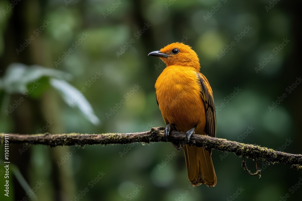 Obraz premium A vibrant orange bird perched on a branch, set against a lush, blurred green background, showcasing the beauty of nature.