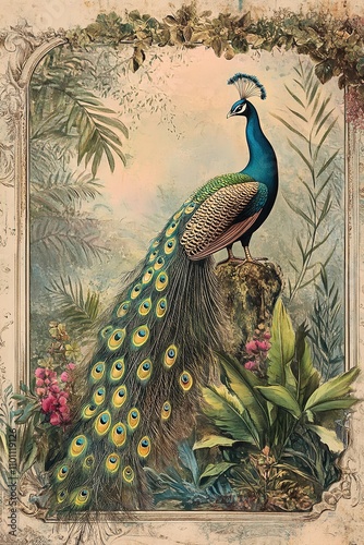  Chinoiserie peacock in an arch with palms and flowers. Indian. photo