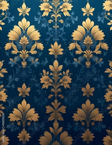 Antique pattern with varying floral motifs, incorporating gold and navy blue tones, featuring a vintage wallpaper texture for depth