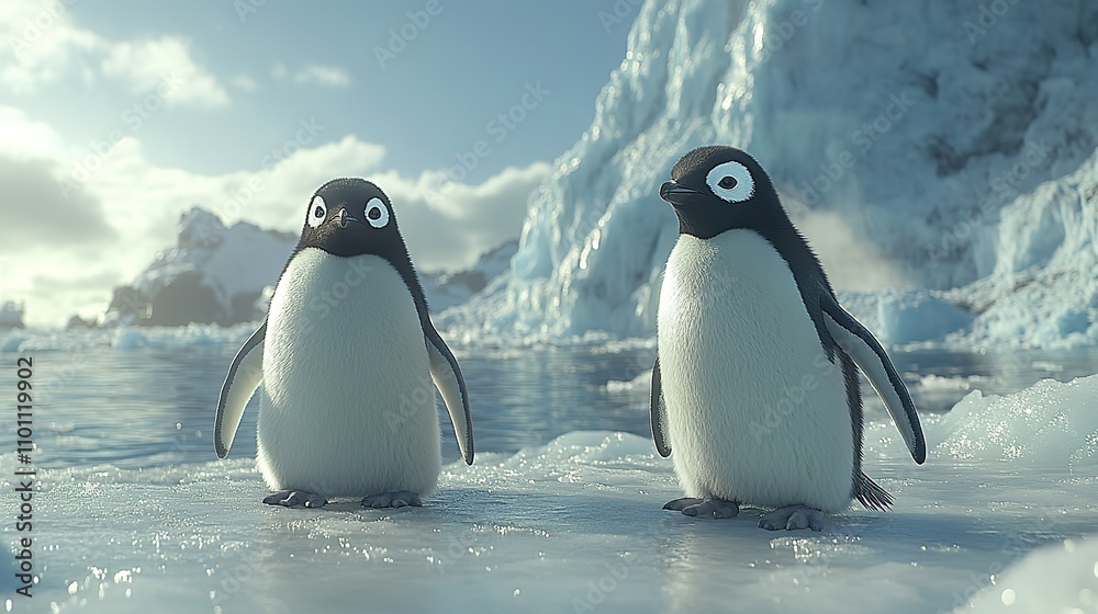 Obraz premium Two emperor penguins express confusion as ice melts, representing the impacts of climate change.