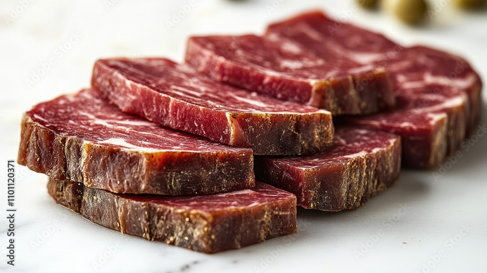 Fototapeta premium Freshly cut beef meat slices on a clean white surface ready for culinary use or food photography in a professional kitchen setting