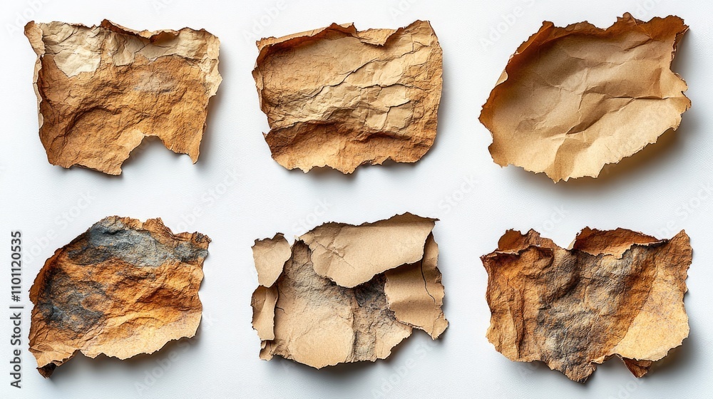 Obraz premium Ripped paper collection on white background showcasing various textures and colors for creative design use.