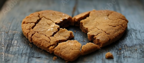 Heart shaped broken cookie on rustic wooden background representing love and heartbreak in a heartfelt culinary theme photo