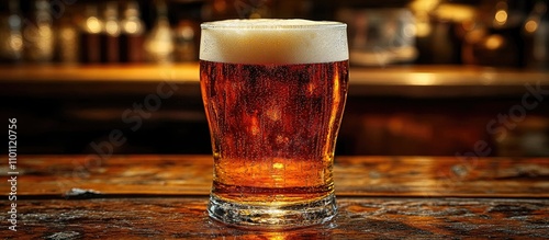 Craft Beer in a Clear Glass on Rustic Wooden Table with Bokeh Background of Pub Bar Setting photo