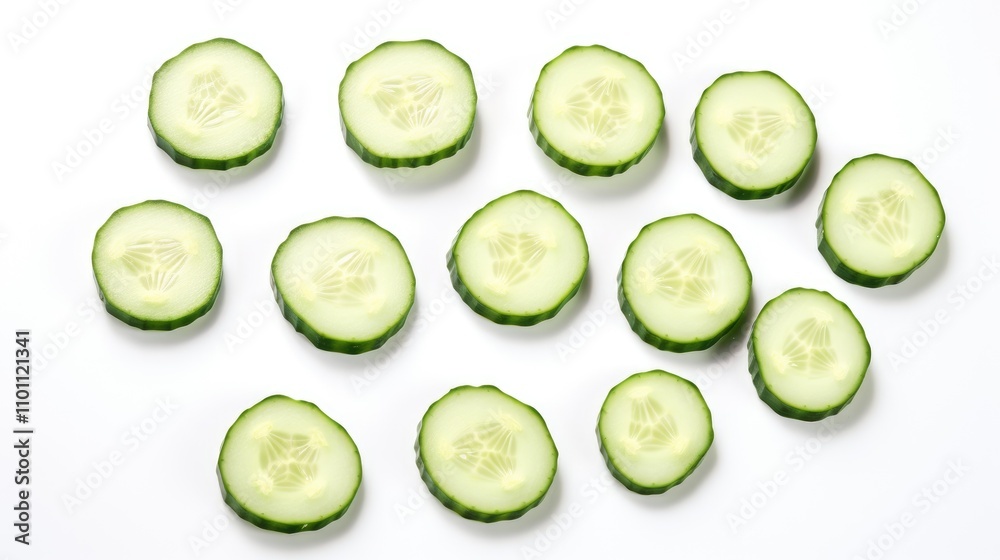 Sliced cucumber pieces arranged on a clean white background showcasing fresh vegetables for culinary and health themes. Sliced cucumber pieces arranged on a clean white background showcasing fresh vegetables for culinary and health themes.