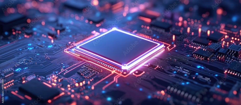 Obraz premium Close up of a modern computer motherboard with illuminated CPU and cooler showcasing advanced electronic hardware technology and innovation