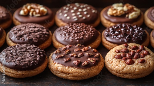 Assorted cookies topped with chocolate and nuts arranged on a wooden surface tempting dessert photography for food enthusiasts