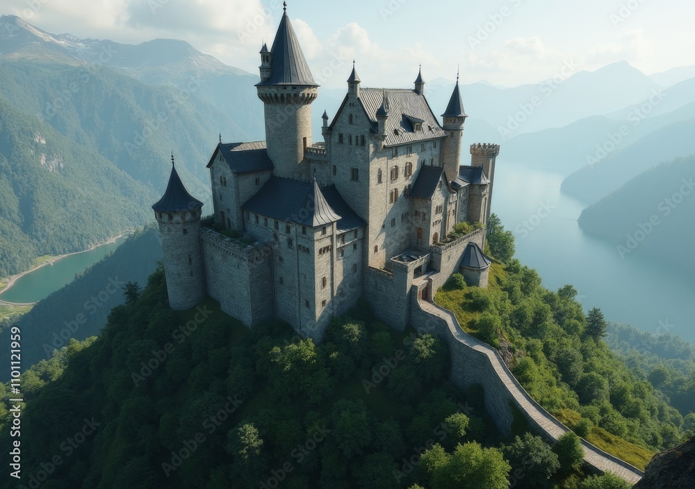 Majestic castle perched on a mountain overlooking a serene lake and lush landscape Majestic castle perched on a mountain overlooking a serene lake and lush landscape