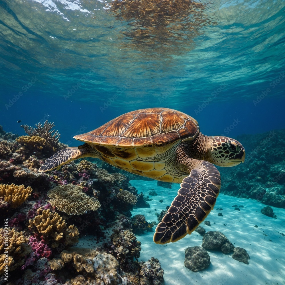 Fototapeta premium A majestic sea turtle swimming near vibrant coral reefs in a tropical ocean.