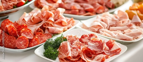 Assorted cold cuts elegantly arranged on buffet trays for a luxurious hotel breakfast experience