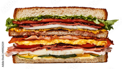 A classic club sandwich cut into quarters and arranged.