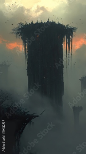 Dark Fantasy Tower in Fog: A Mystical Digital Painting photo