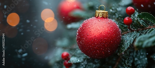 Christmas tree ornament nestled in snowy foliage with soft bokeh lights creating a festive and inviting holiday atmosphere
