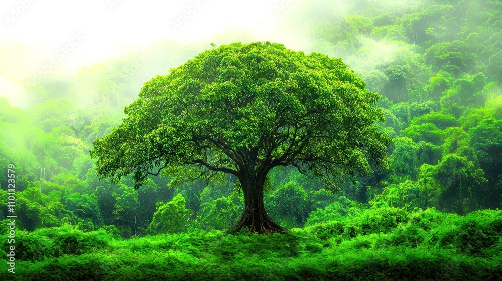 Majestic Green Tree in Lush Forest Surrounded by Misty Landscape
